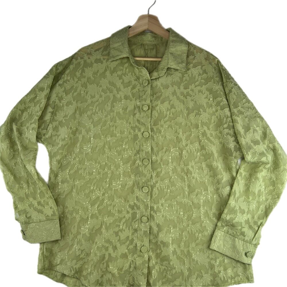 Oversized XL Lime Green Emroidered Floral Pattern‎ Womens Button Up Long Sleeve